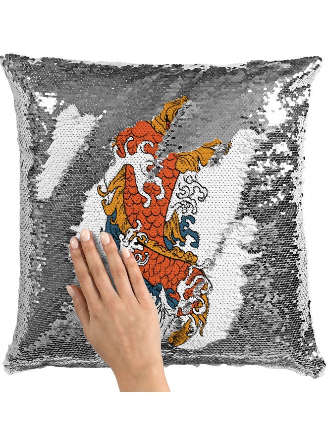 Dragon Fish Themed Sequin Decorative Throw Pillow White/Silver 40x40cm - Image 2
