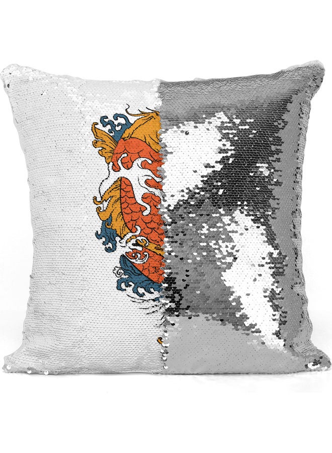 Dragon Fish Themed Sequin Decorative Throw Pillow White/Silver 40x40cm - Image 3