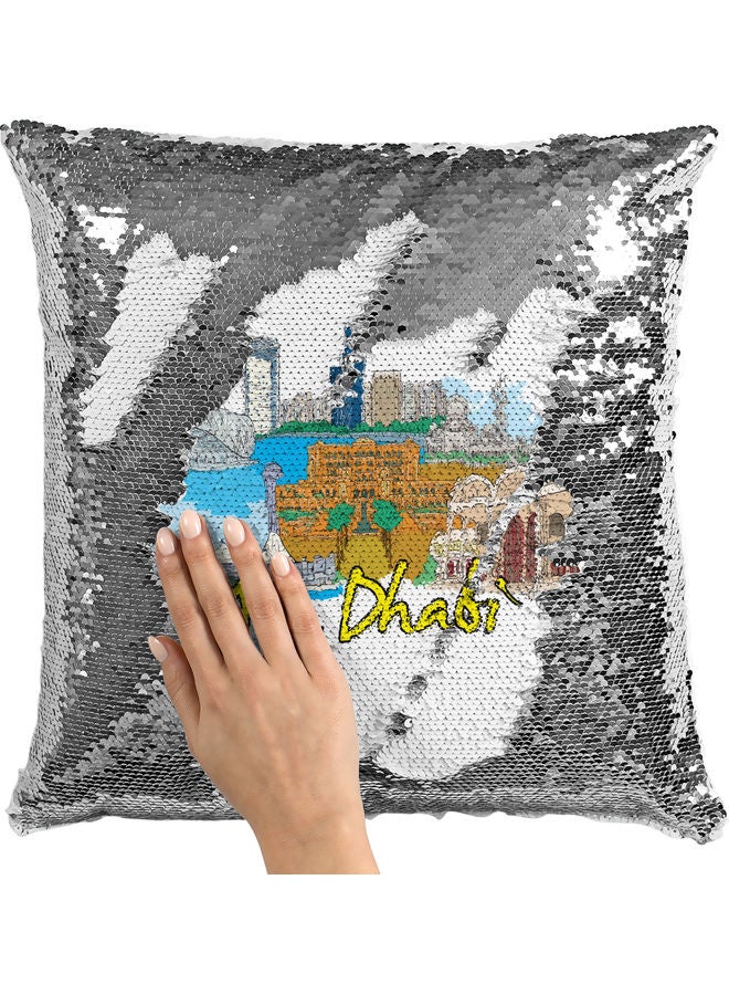 وسادة زينة مزينة بالترتر بطبعة مدينة أبو ظبي أبيض/فضي 40x40سم - Image 2