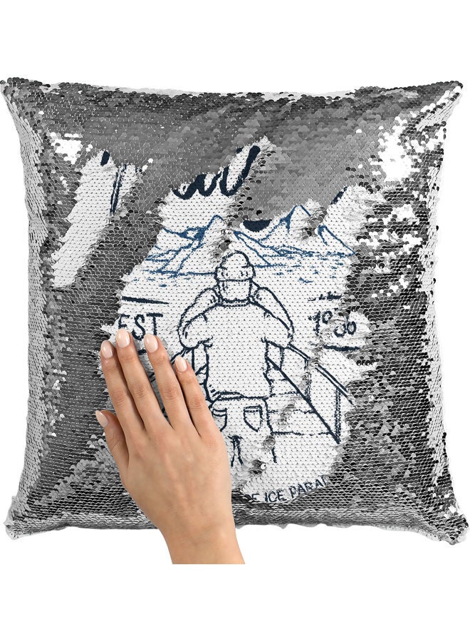وسادة زينة مزينة بالترتر ومطبوع عليها عبارة "Chill With Nature" أبيض/ فضي/ أسود 40x40سم - Image 2