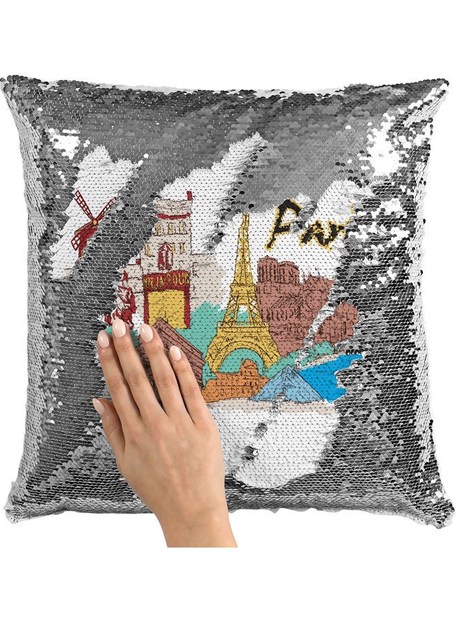 وسادة زينة مزينة بالترتر بتصميم مدينة باريس أبيض/ فضي/ أحمر 40x40سم - Image 2
