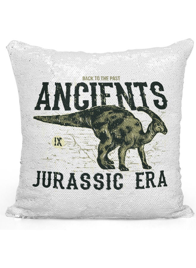 Ancient Dinosaur Themed Sequin Decorative Throw Pillow White/Green/Silver 40x40cm - Image 1