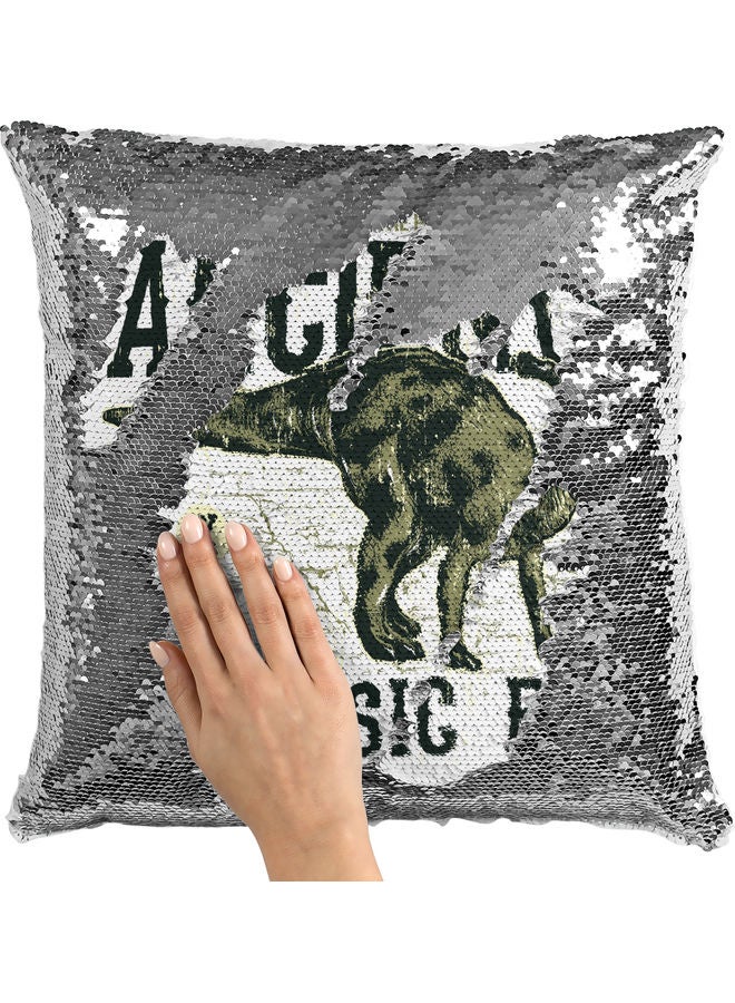 Ancient Dinosaur Themed Sequin Decorative Throw Pillow White/Green/Silver 40x40cm - Image 2