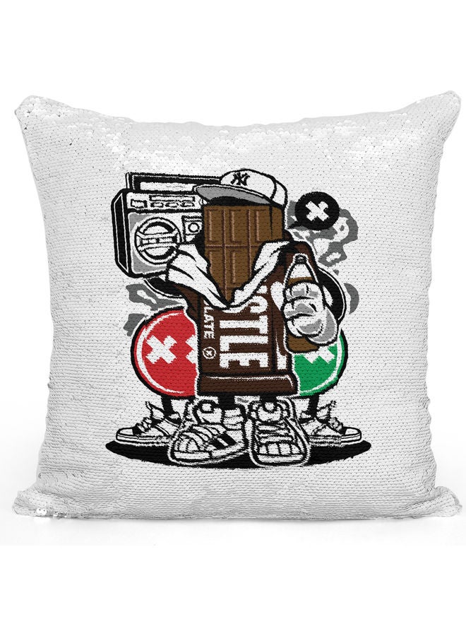 Chocolate Themed Sequin Decorative Throw Pillow White/Brown/Silver 40x40cm - Image 1