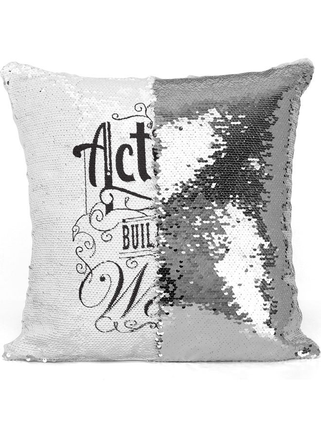 Our Actions Quote Themed Sequin Decorative Throw Pillow White/Silver/Black 40x40cm - Image 3