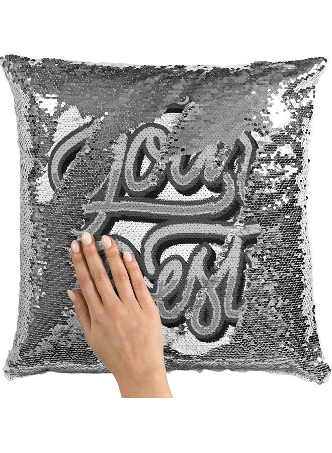 وسادة زينة مزينة بالترتر ومطبوع عليها عبارة "Do Your Best" أبيض/ فضي/ رمادي 40x40سم - Image 2