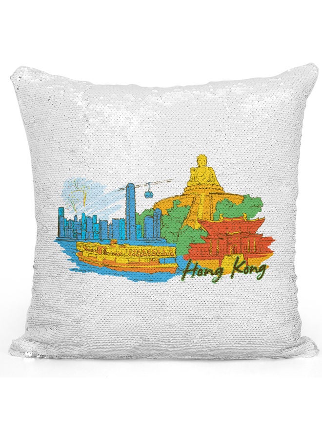 Hong Kong Themed Sequin Decorative Throw Pillow White/Silver/Blue 40x40cm - Image 1