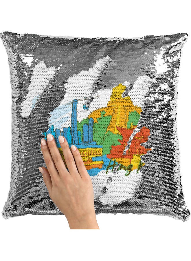 Hong Kong Themed Sequin Decorative Throw Pillow White/Silver/Blue 40x40cm - Image 2