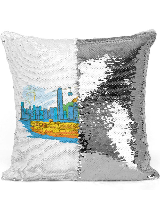 Hong Kong Themed Sequin Decorative Throw Pillow White/Silver/Blue 40x40cm - Image 3