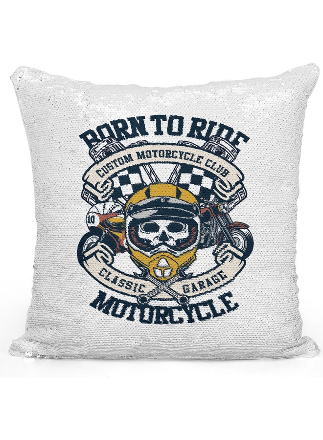 وسادة زينة للديكور مزينة بالترتر ومطبوع عليها عبارة "Born To Ride" أبيض/ فضي/ أزرق 40x40سم - Image 1