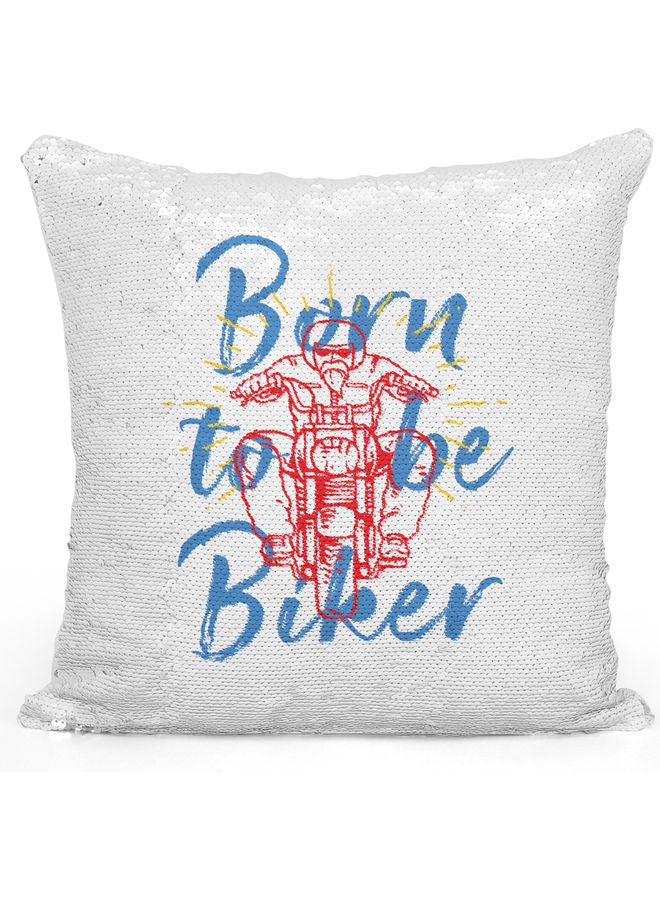 وسادة زينة مزينة بالترتر ومطبوع عليها عبارة "Born To Bike" أبيض/ فضي/ أزرق 40x40سم - Image 1