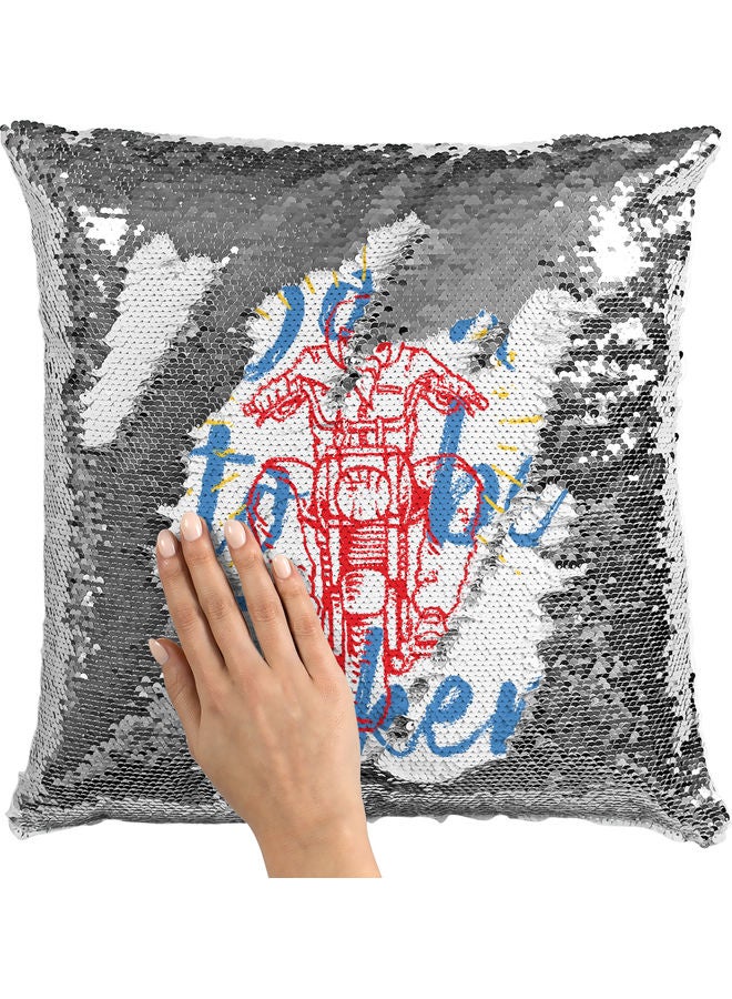وسادة زينة مزينة بالترتر ومطبوع عليها عبارة "Born To Bike" أبيض/ فضي/ أزرق 40x40سم - Image 2