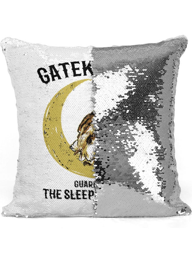 Guardian Of The Night Themed Sequin Decorative Throw Pillow White/Yellow/Silver - Image 3