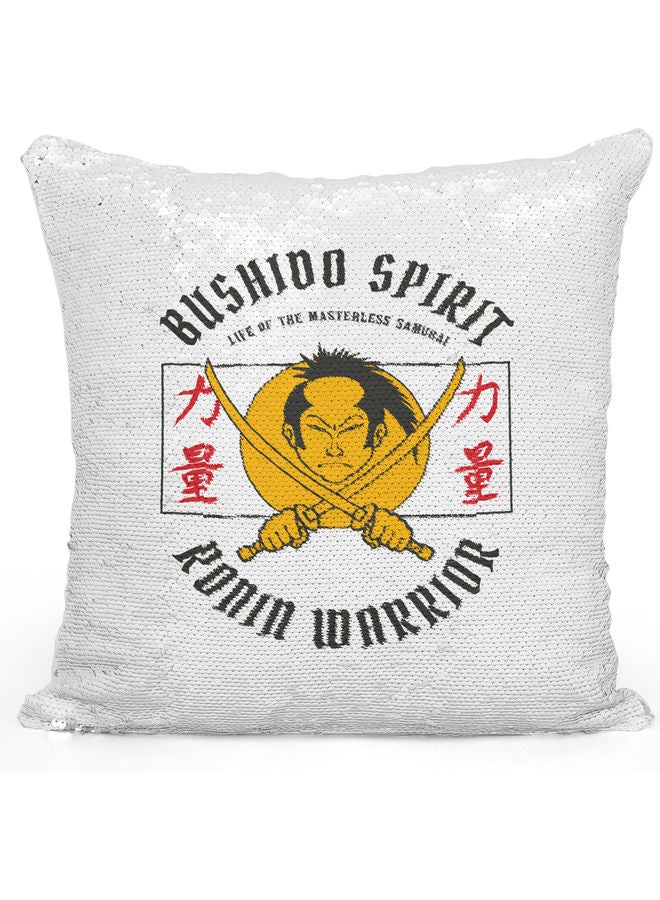 Bushido Spirit Themed Sequin Decorative Throw Pillow White/Yellow/Silver 40x40cm - Image 1