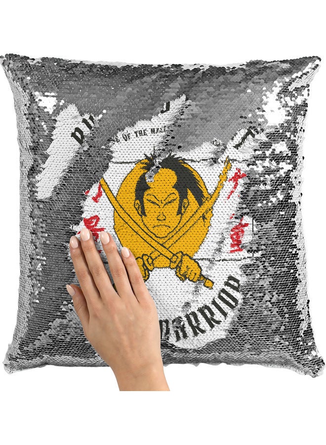 Bushido Spirit Themed Sequin Decorative Throw Pillow White/Yellow/Silver 40x40cm - Image 2