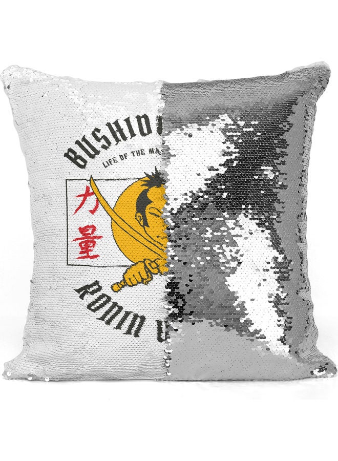 Bushido Spirit Themed Sequin Decorative Throw Pillow White/Yellow/Silver 40x40cm - Image 3