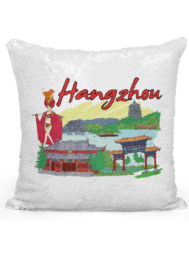 Hangzhou Themed Sequin Decorative Throw Pillow White/Silver 40x40cm - Image 1