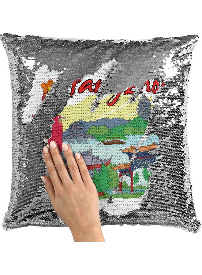 Hangzhou Themed Sequin Decorative Throw Pillow White/Silver 40x40cm - Image 2