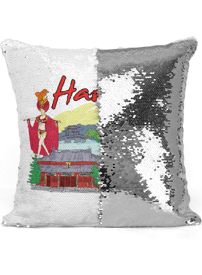 Hangzhou Themed Sequin Decorative Throw Pillow White/Silver 40x40cm - Image 3