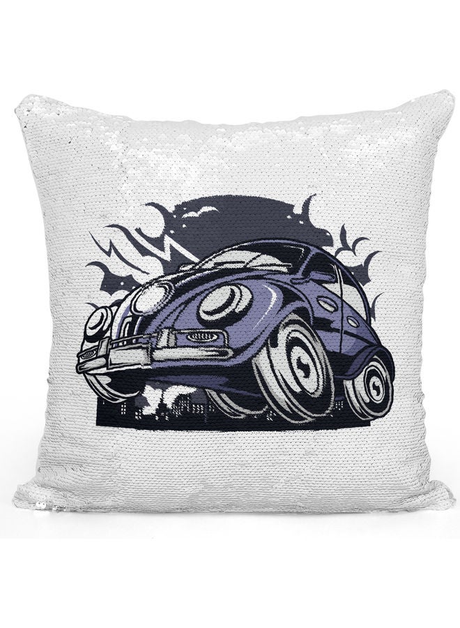 Vintage Foxy Car Themed Sequin Decorative Throw Pillow White/Purple/Silver - Image 1