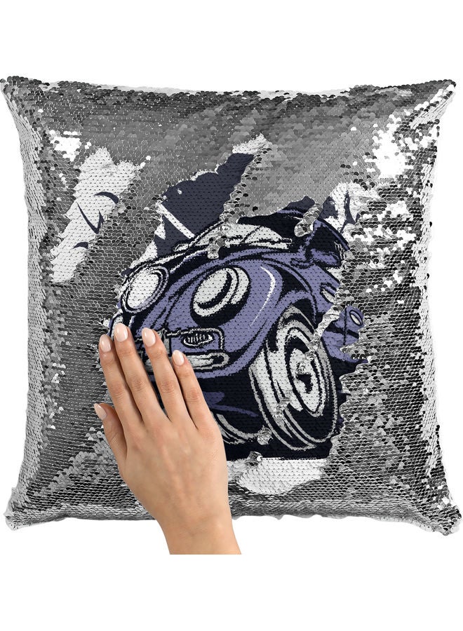 Vintage Foxy Car Themed Sequin Decorative Throw Pillow White/Purple/Silver - Image 2