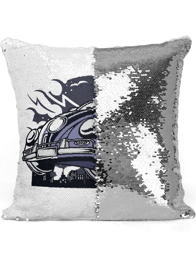 Vintage Foxy Car Themed Sequin Decorative Throw Pillow White/Purple/Silver - Image 3