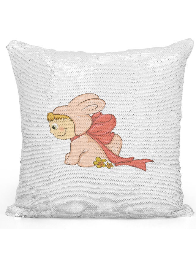Rabbit Kid Themed Sequin Decorative Throw Pillow White/Pink/Silver - Image 1