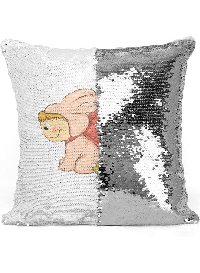 Rabbit Kid Themed Sequin Decorative Throw Pillow White/Pink/Silver - Image 3