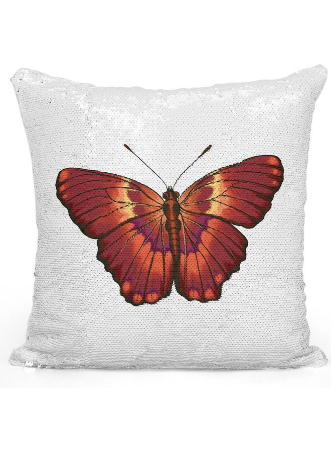 Butterfly Themed Sequin Decorative Throw Pillow White/Brown/Silver 40x40cm - Image 1
