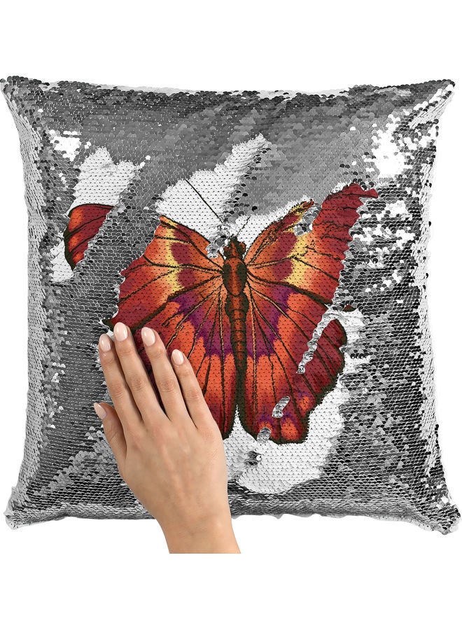Butterfly Themed Sequin Decorative Throw Pillow White/Brown/Silver 40x40cm - Image 2