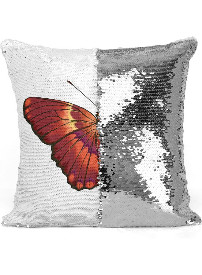 Butterfly Themed Sequin Decorative Throw Pillow White/Brown/Silver 40x40cm - Image 3