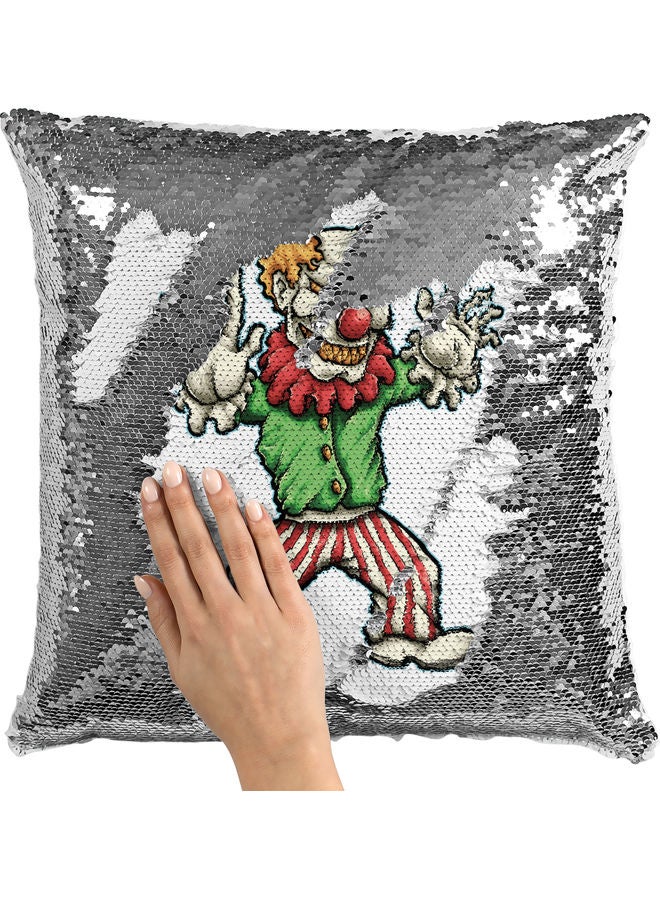 وسادة زينة للديكور مزينة بالترتر بطبعة مهرج مرعب أبيض/ أخضر/ فضي 40x40سم - Image 2