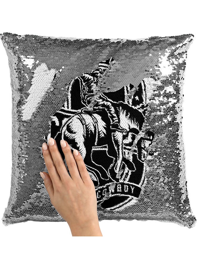 Horse Rider Sequin Decorative Throw Pillow White/Black/Silver 40x40cm - Image 2