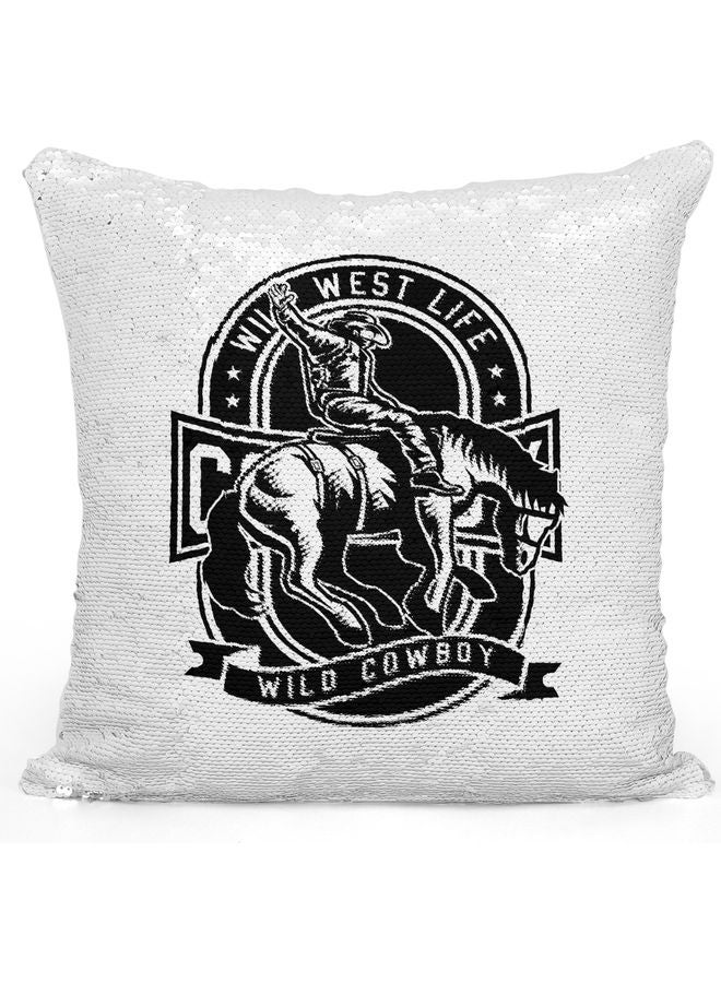 Horse Rider Sequin Decorative Throw Pillow White/Black/Silver 40x40cm - Image 1