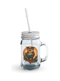 Owl Reading Book Design Glass Jar With Straw Multicolour