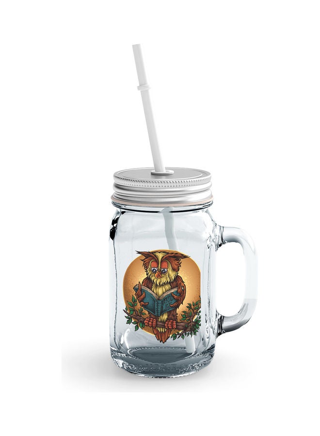 Generic - Owl Reading Book Design Glass Jar With Straw Multicolour - Image 1