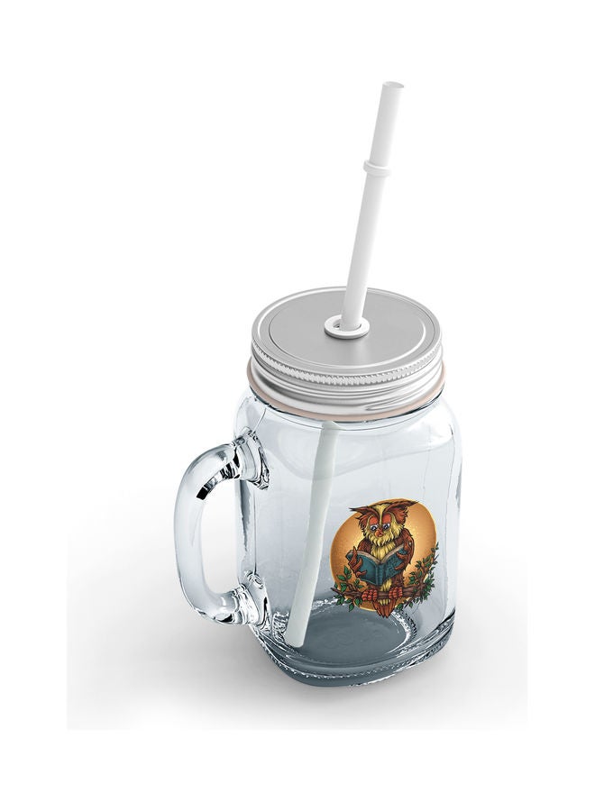 Generic - Owl Reading Book Design Glass Jar With Straw Multicolour - Image 1