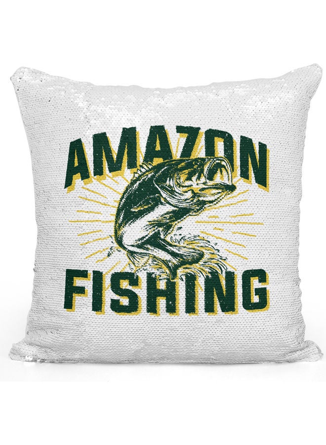 Fishing Hobby Quote Themed Sequin Decorative Throw Pillow White/Silver/Green 40x40cm - Image 1