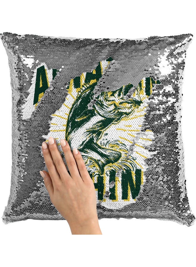 Fishing Hobby Quote Themed Sequin Decorative Throw Pillow White/Silver/Green 40x40cm - Image 2
