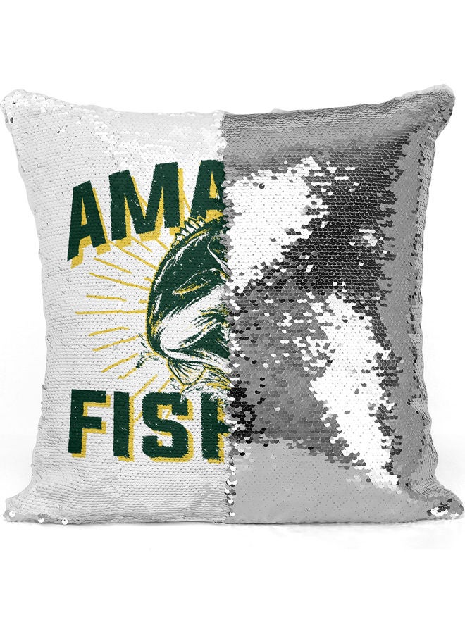 Fishing Hobby Quote Themed Sequin Decorative Throw Pillow White/Silver/Green 40x40cm - Image 3