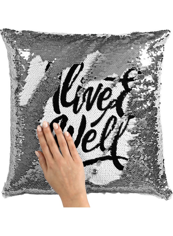 Alive And Well Quote Themed Sequin Decorative Throw Pillow White/Black 40x40cm - Image 2
