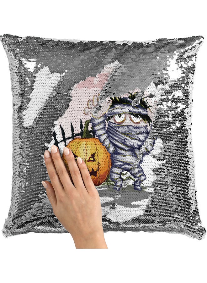 وسادة زينة مزينة بالترتر بتصميم كرتوني لمومياء أبيض/ فضي/ برتقالي 40x40سم - Image 2