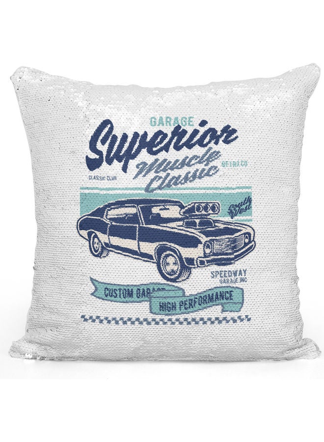 Superior Cars Themed Sequin Decorative Throw Pillow White/Silver/Blue 40x40cm - Image 1