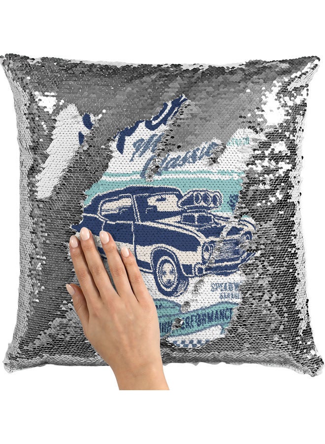 Superior Cars Themed Sequin Decorative Throw Pillow White/Silver/Blue 40x40cm - Image 2