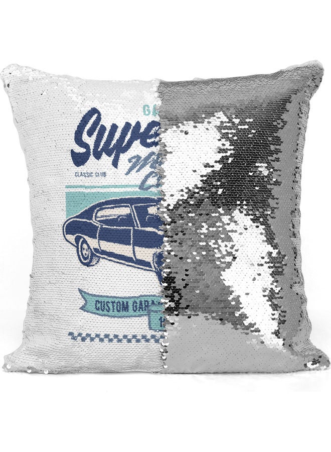 Superior Cars Themed Sequin Decorative Throw Pillow White/Silver/Blue 40x40cm - Image 3