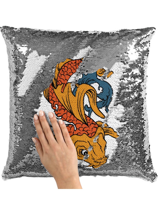 وسادة زينة مزينة بالترتر بتصميم سمكة التنين أبيض/ فضي/ برتقالي 40x40سم - Image 2