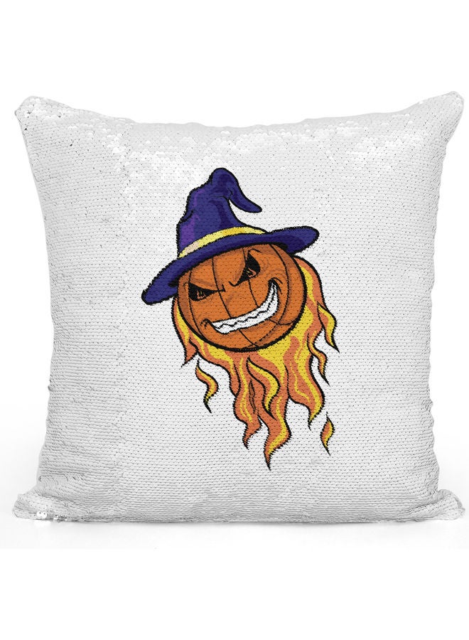 وسادة زينة للديكور مزينة بالترتر بتصميم يعبر عن الهالوين أبيض/برتقالي/أرجواني 40x40سم - Image 1