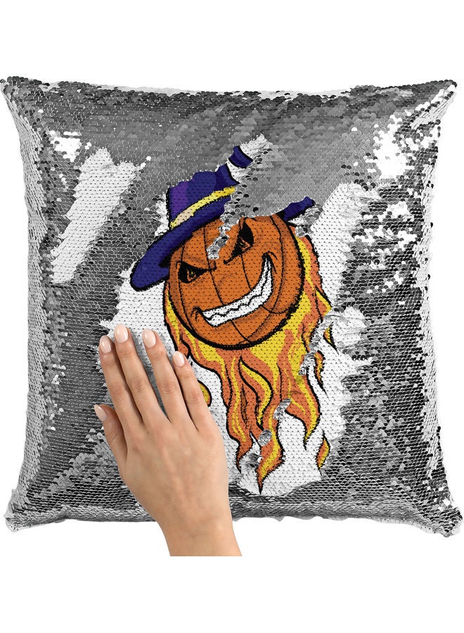 وسادة زينة للديكور مزينة بالترتر بتصميم يعبر عن الهالوين أبيض/برتقالي/أرجواني 40x40سم - Image 2