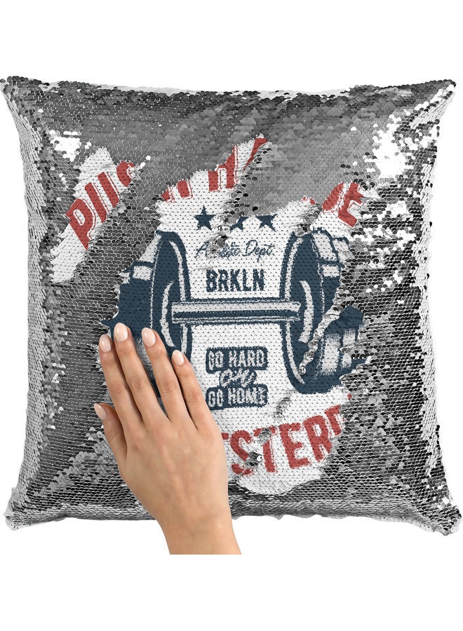 وسادة زينة مزينة بالترتر مطبوع عليها عبارة "Push Harder" أبيض/أحمر/فضي 40x40سم - Image 2