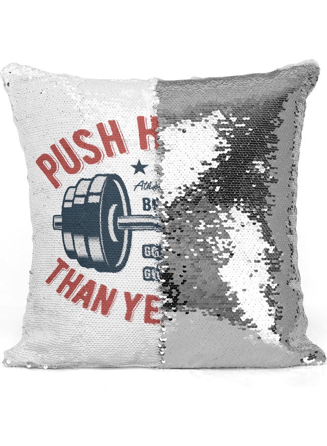 وسادة زينة مزينة بالترتر مطبوع عليها عبارة "Push Harder" أبيض/أحمر/فضي 40x40سم - Image 3